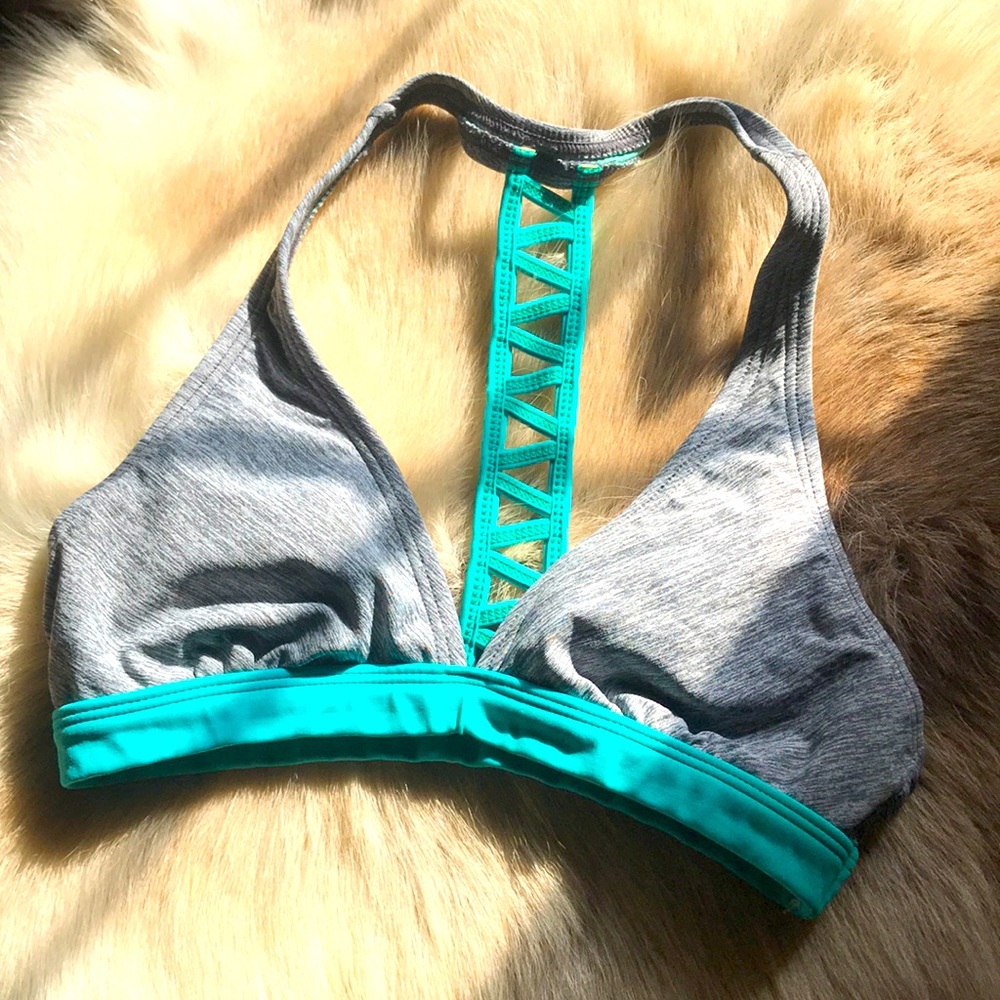 ATHLETA Gray+Turquoise Ladder Racerback Bra XS GUC